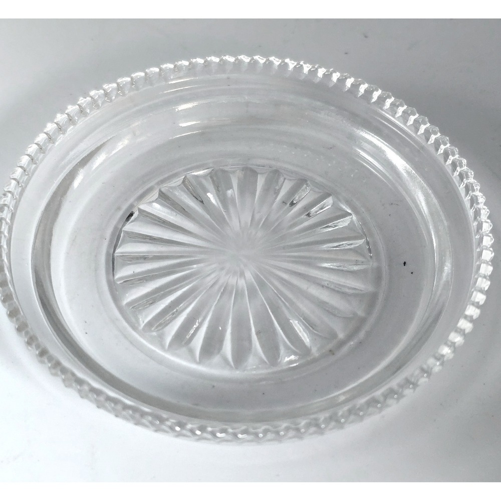 Vtg Butter Pat Salt Cellar Dish Beaded‎ Edge Starburst Center Round Clear Glass